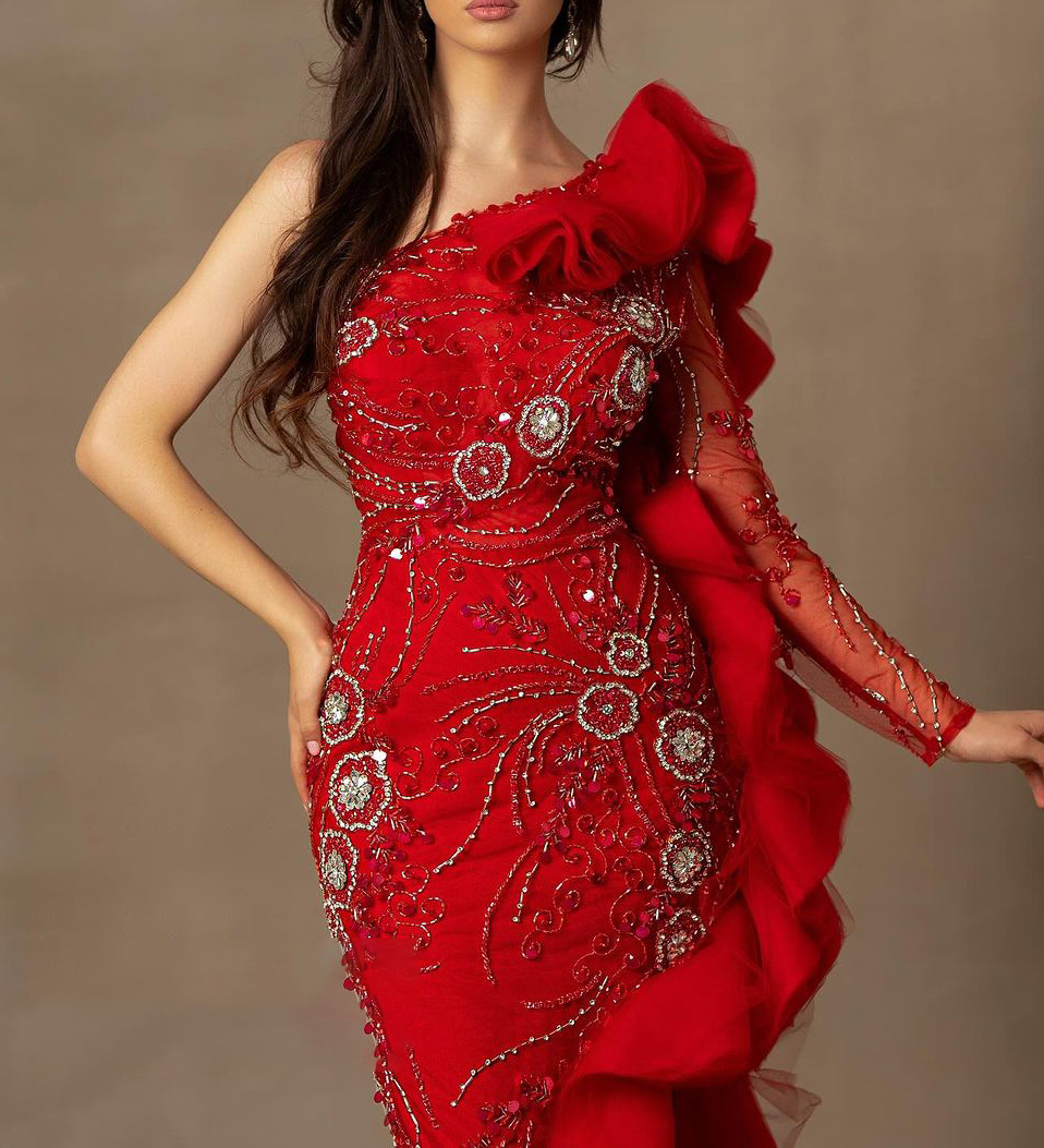 Gorgeous Red Mermaid Prom Dress One Shoulder Lace Side Split Tiered Ruched Formal Evening Gowns Robe De Soiree