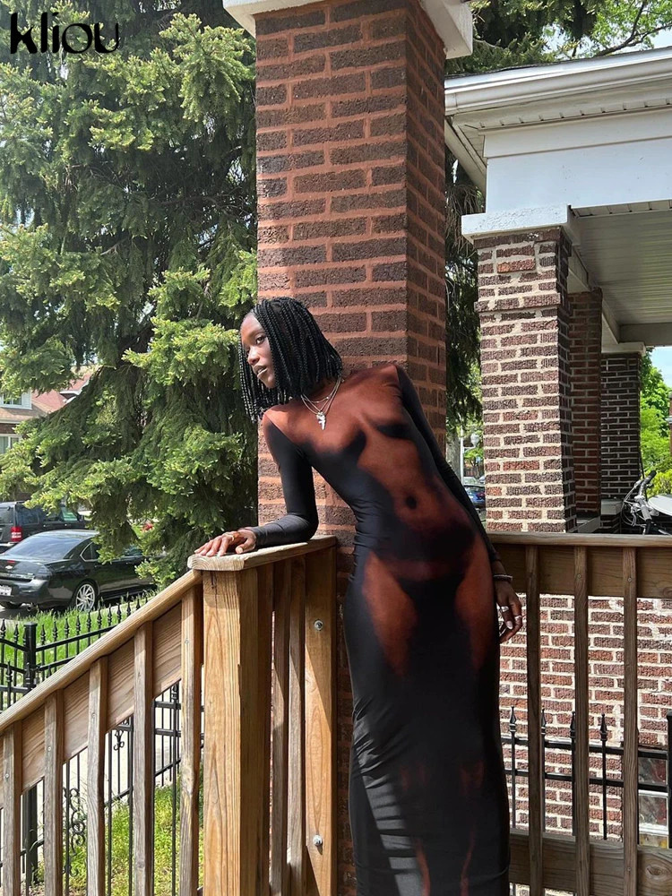 Kliou Y2K 3D Body Print Maxi Dress Women Aesthetic Long Sleeve Unique Sexy Body-Shaping Attirewear Robe Party Clubwear Clothing 231221