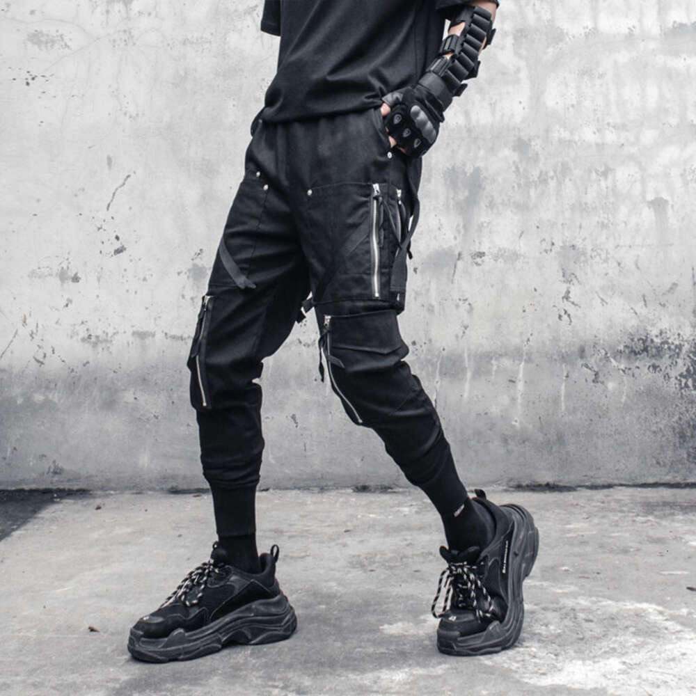 Men Tactical Functional Cargo Pants Joggers Zipper Multi-pocket Trousers 2023 Spring Hip Hop Streetwear Harem Pant Black