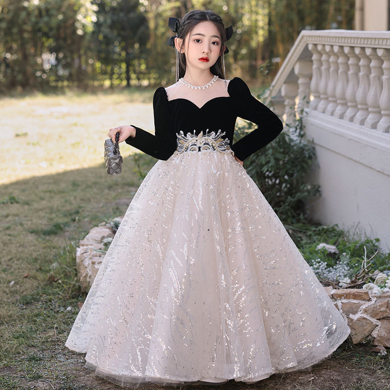 New Shiny Dresses Champagne Black Veet Lace Kids Flower Girl Dress For Wedding Long Sleeve Tulle Princess Party Pageant Girls Holy First Communion Gow