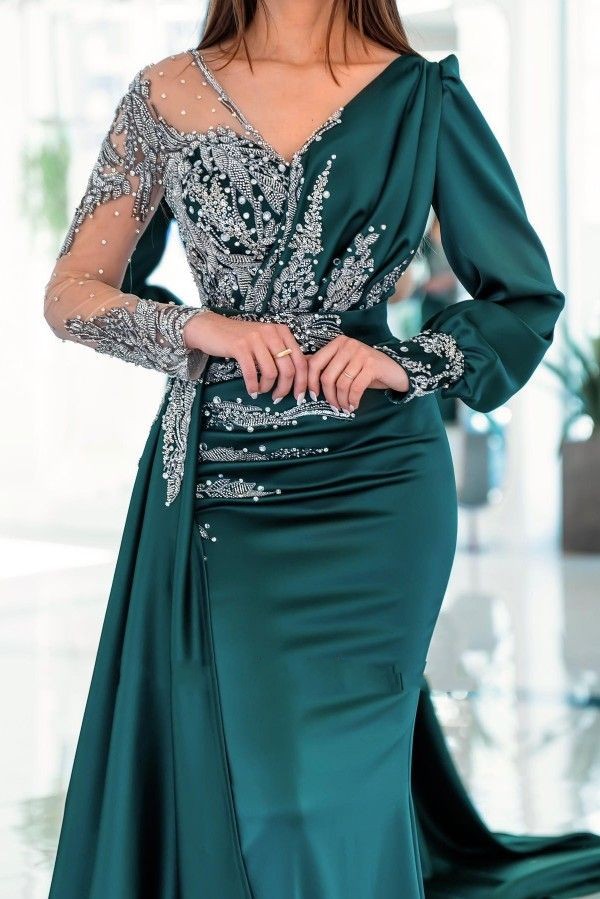 Beautiful Dark Green Mermaid Evening Vintage Sheer Sleeve Pleats Ruffles Satin Long Formal Party Prom Dresses With Appliques Beads B0313