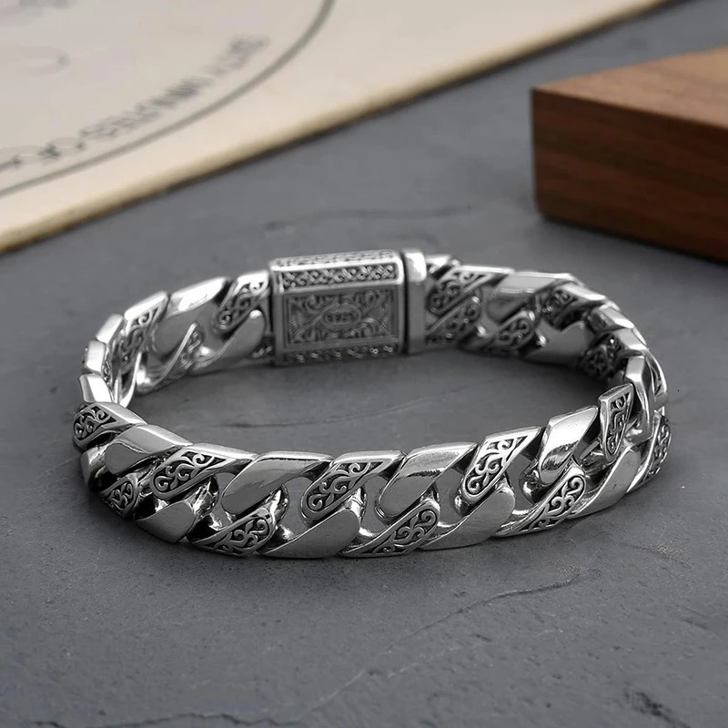 Retro Domineering S925 Silver Bracelet Men Tang Grass Pattern Exquisite Chain Male Party Birthday Hegemony Fashion Jewelry Gift 231221