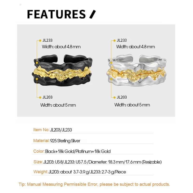 FINS Original Irregular S925 Sterling Silver Open Rings for Women Men Color Separation Stacked Punk Rock Finger Fine Jewelry 231220