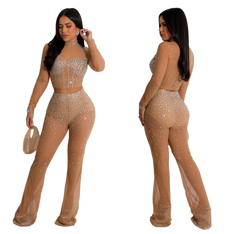 2024 Designer Sexy Mesh Diamonds Tracksuits Women Two Piece Sets Long Sleeve Sheer Outfits Sexy Crop Top and Pants See Through Club Wear Wholesale Clo