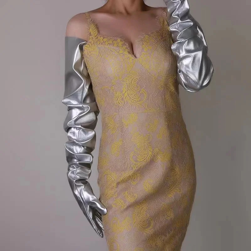 Touchscreen Leather Long Gloves 90cm Large Sleeves Loose Pile Black Sexy Nightclub Fashion Patent 231220