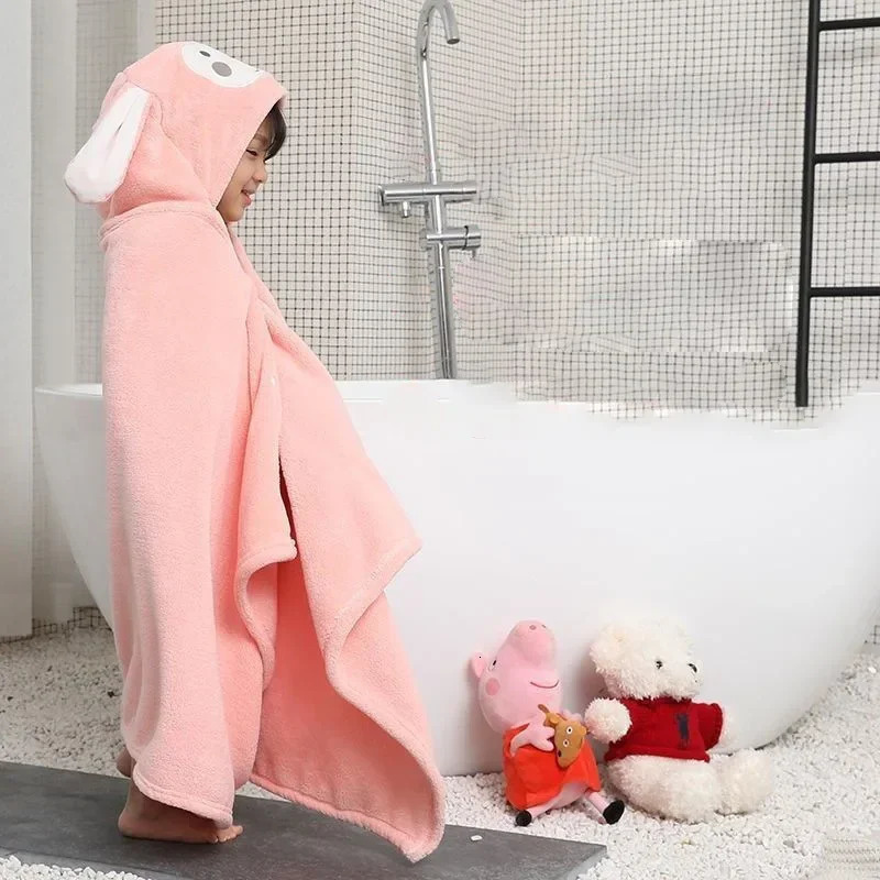 Children Bathrobe Hooded Coral Fleece Cute Soft Cloak Shower Embroidered Bath Towel Woven Cartoon Beach Cloth Kids Animal Towel 231221