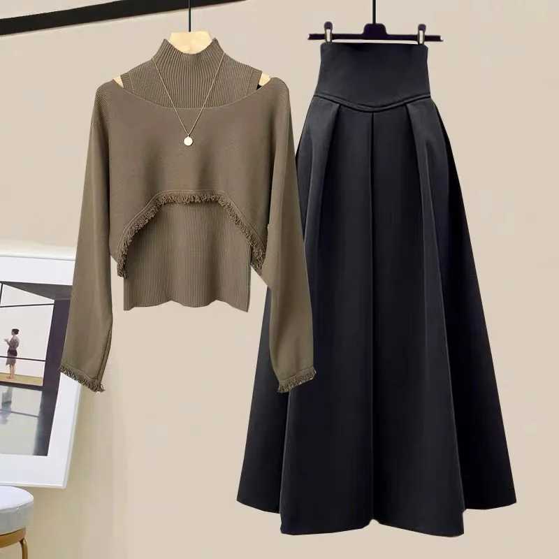 Two Piece Dress 2023 Autumn Winter Skirt Sets For Women Outfits Korean Casual Knitwears Pullover Sweater And High Waist Skirts Two Piece SetsL231026