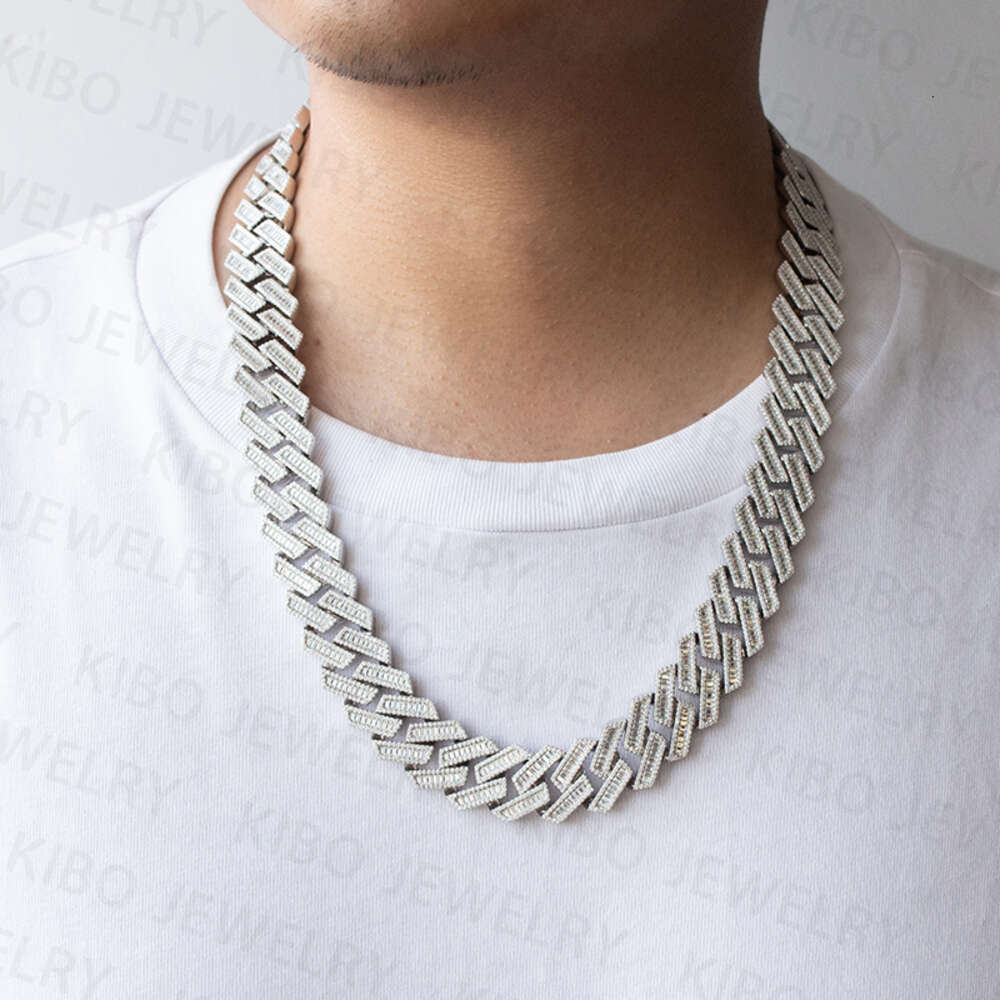 Hip Hop Men Luxury Cuban Chain 20mm Width Baguette 3rows Moissanite Miami Full Iced Out Cuban Link Chain Necklace