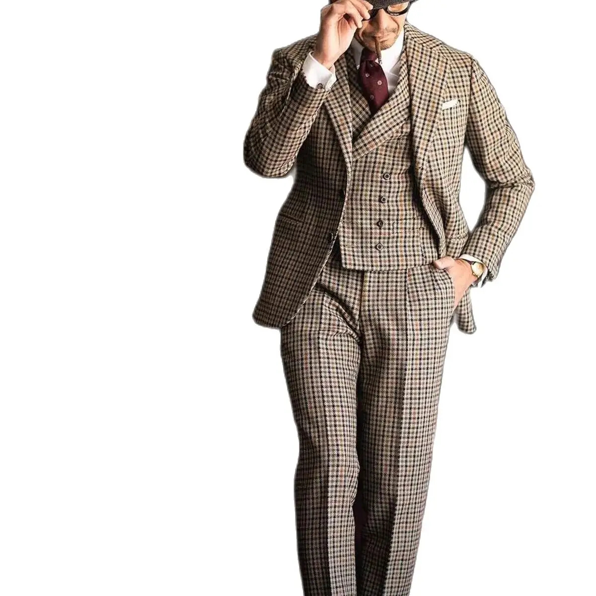 Woolen Tweed Wedding Suits For Men Slim Fit Plaid Check Peaked Lapel Groom Tuxedos 3 Pieces Jacket Vest Pants