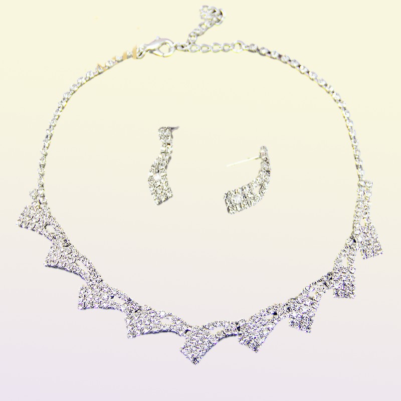 Korean Bridal Wedding Accessories Jewelry Simple Silverplated Rhinestone Necklace Earrings Combination Set Chain 2 Pieces