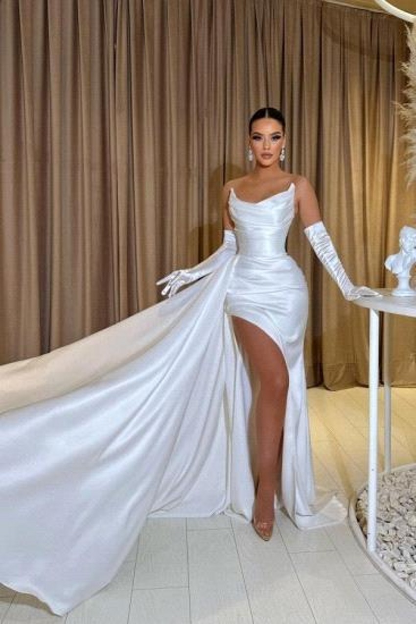 Stylish High Thigh Split Mermaid Prom Dresses New Sexy Sweetheart Backless Pleats Long Satin Evening Gowns Women Formal Occasion Vestidos BC16882