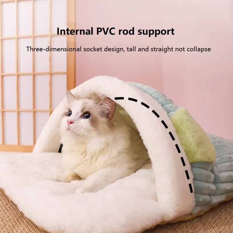 Japanese Sakura Warm Bed Cat Sleeping Bag Deep Sleep Winter Dog House Cats Nest Cushion With Pillow Removable Pet Products 231221