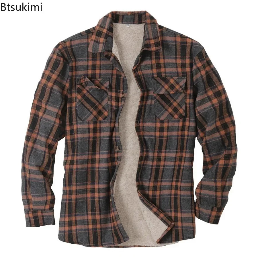 2023 Men's Plaid Plus Fleece Jacket Autumn Winter Turndown Collar Button Thickened Shirt For Men Casual Shirts 231221