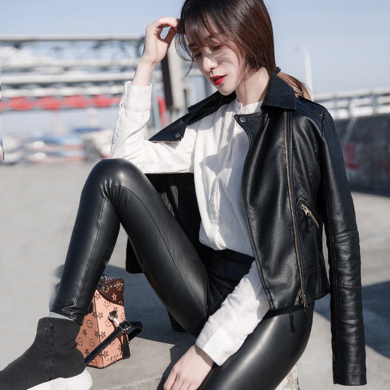 0C626M50 Women's Leather Faux Coats Spring and Autumn PU Leather Jackets Motorcycle Short Jacket Slimming Outerwear