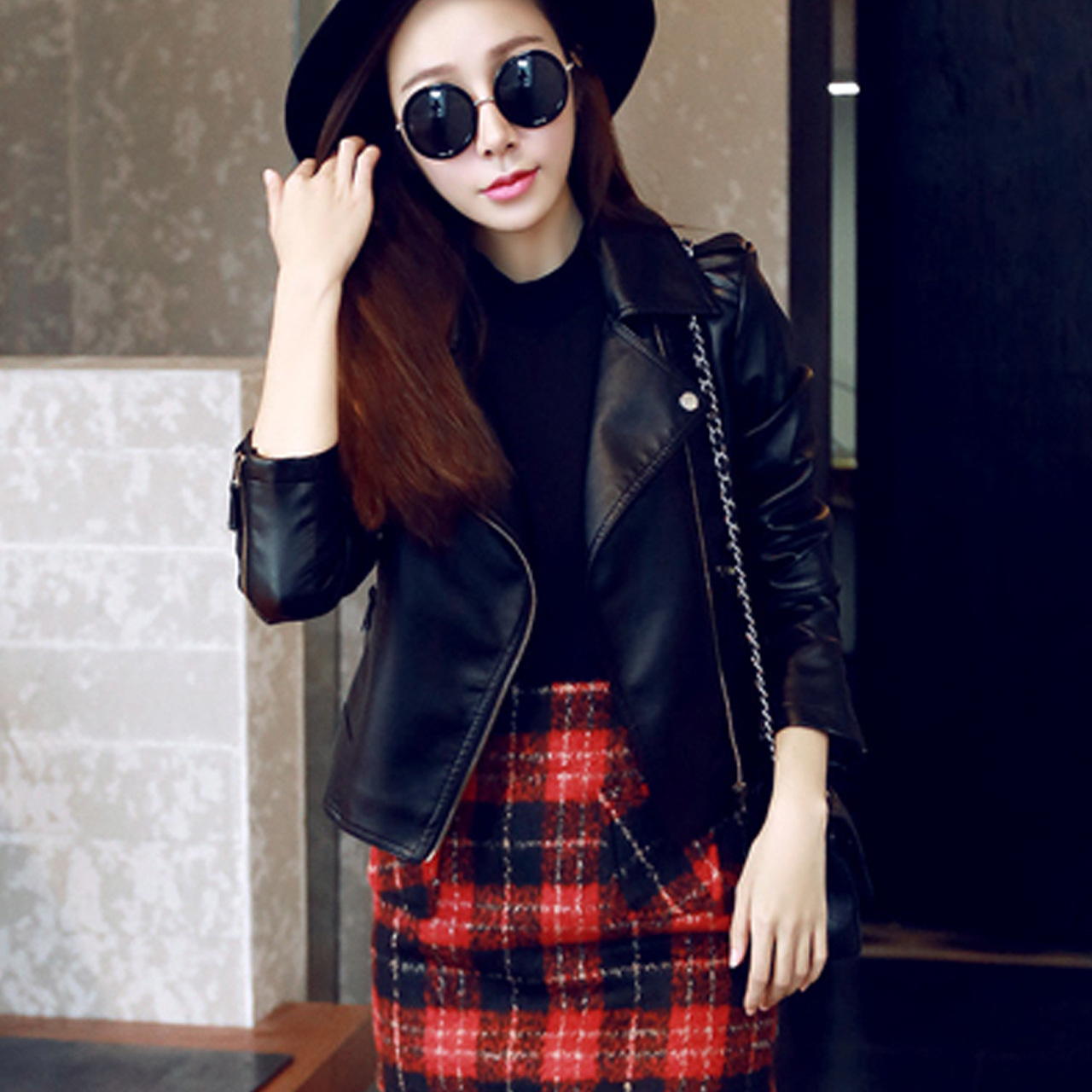 OC NF45E01 Women's Faux Leather Coats Spring and Autumn Short Style Slim Fit Jacket Motorcycle Leather Jacket Large Size