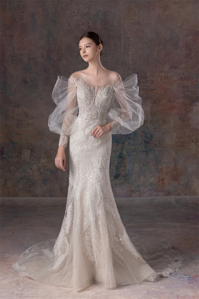 Elegant High Quality Tulle & Beading Mermaid Gown Long Sleeve With Puffy Sleeve Wedding Dress