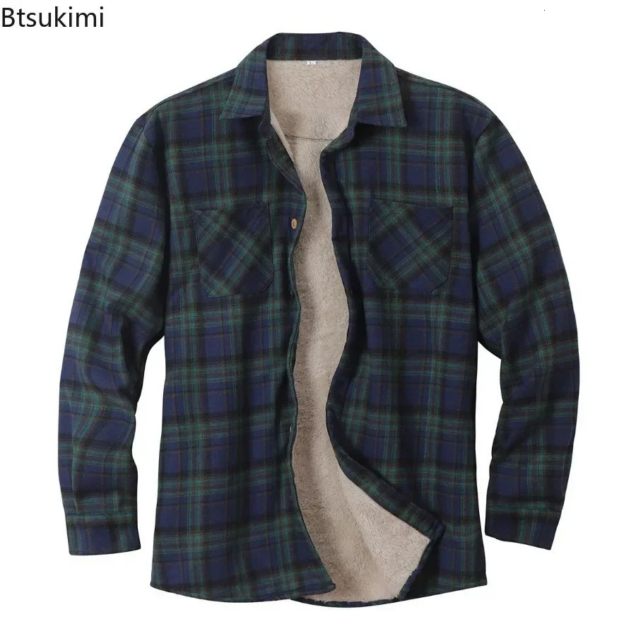 2023 Men's Plaid Plus Fleece Jacket Autumn Winter Turndown Collar Button Thickened Shirt For Men Casual Shirts 231221