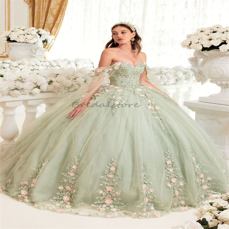 Sage Green Quinceanera Dresses With Pink Florals Elegant Off Shoulders Ball Gown Corset Lace Vestido De 15 Anos Fifteen 16 quinceanera dresses 2024 Si