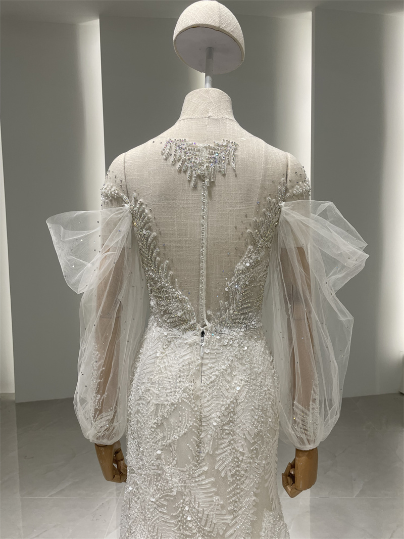 Elegant High Quality Tulle & Beading Mermaid Gown Long Sleeve With Puffy Sleeve Wedding Dress