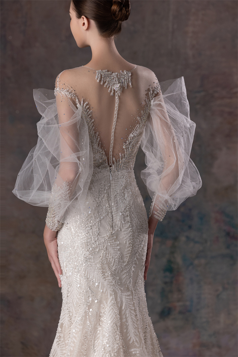 Elegant High Quality Tulle & Beading Mermaid Gown Long Sleeve With Puffy Sleeve Wedding Dress