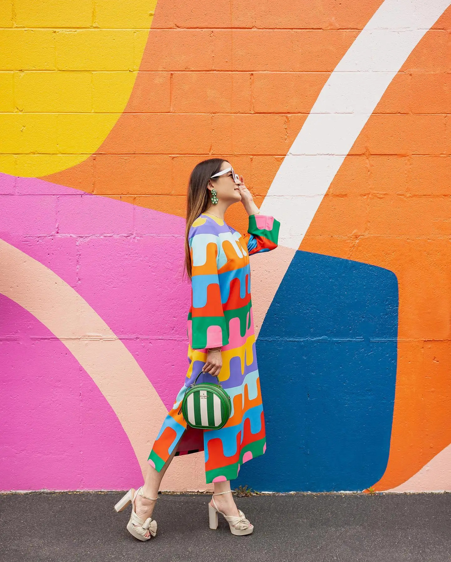 Elegant Rainbow Printed Women's Split Midi Dress Fashion O Neck Long Sleeved Robe 2023 Autumn Female Causal Loose Vestidos 231220