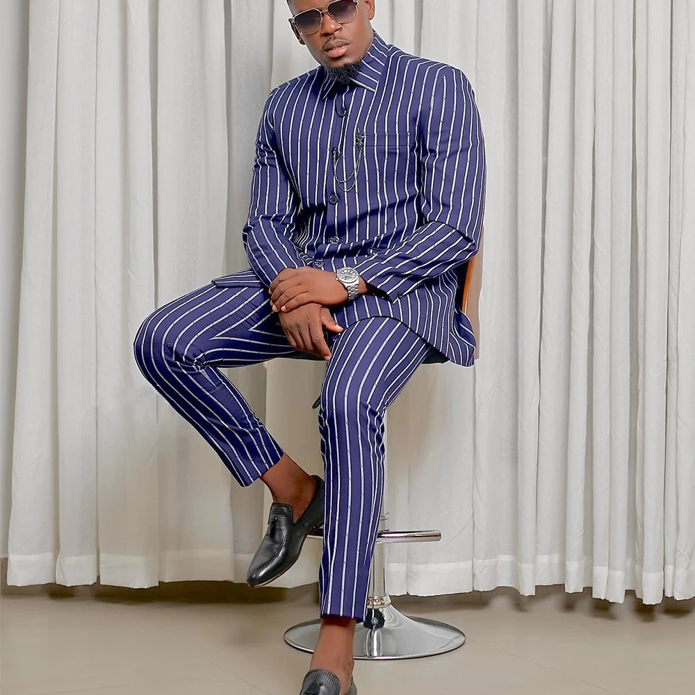 2023 in African Style Elegant Plaid Single Breasted Top and Pants 2 Piece Wedding Party Business Men Clothing Set 231220