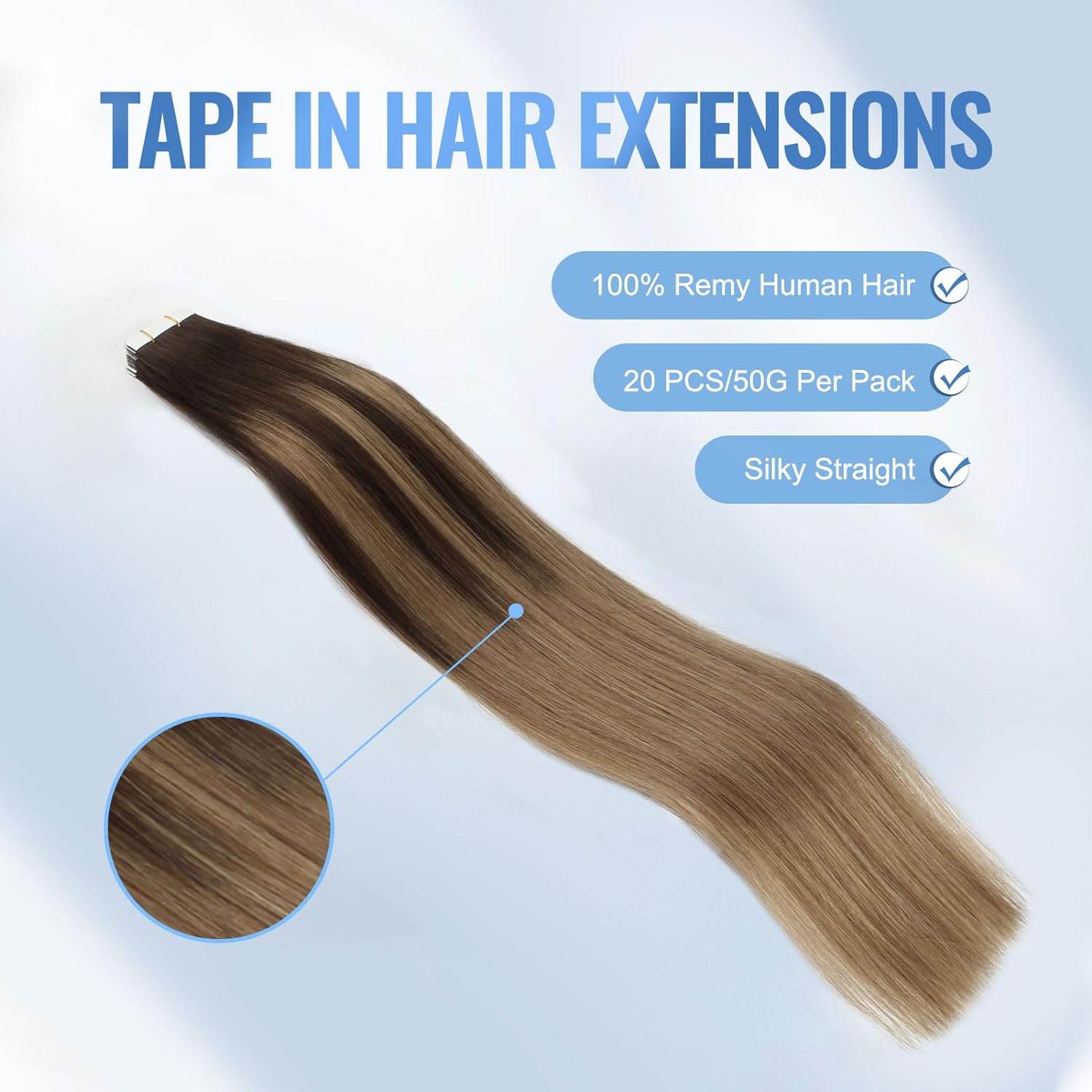 Balayage In Brown Fading To Ash Blonde 22 Inch Double Sided Tape Skin Weft Remy Human Hair Extensions 100G/40Pcs
