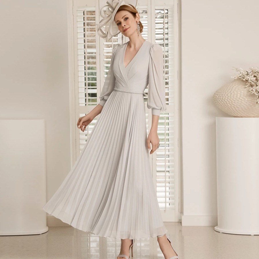 Vintage Sier Mother of the Bride Dress 2024 V Neck Pleat 3/4 Sleeves Chiffon Ankle-Length Wedding Guest Party Gowns Robe De Soiree Plus Size