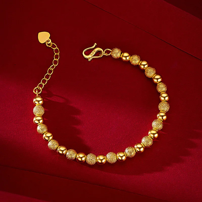 Real 18K Gold 6mm Round Bead Chain Bracelet Pure Adjustable Classic Wedding for Women Fine Jewelry Gift 231221
