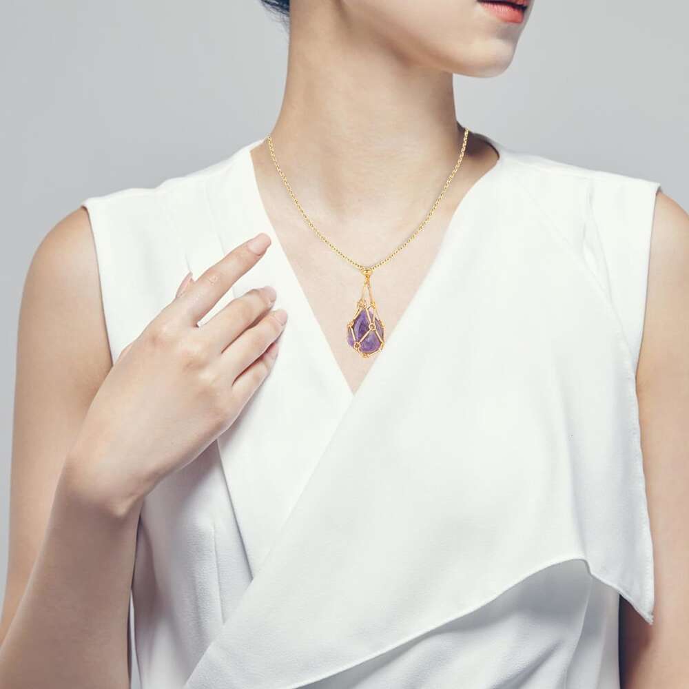 Interchangeable Natural Crystal Holder Necklace Crystal Cage Stone Pendant Aesthetic Gemstone Wolf Tide Jewelry For Men Women DIY Adjustable Weaving M