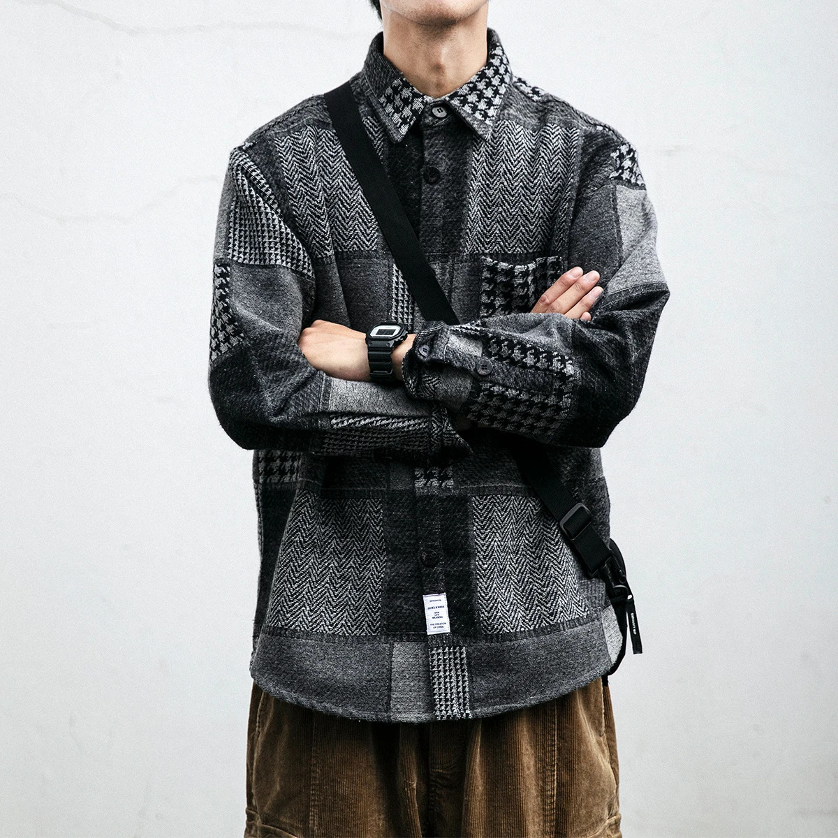 Autumn Winter Japanese Streetwear Retro Stitching Plaid Shirt Fashion Harajuku Thick Casual Woolen Coat Men Kpop Korean Clothes 231221