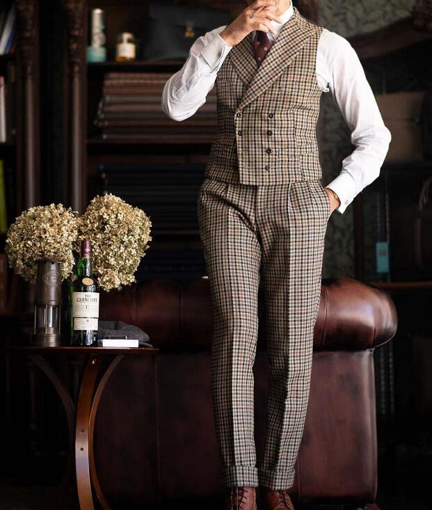 Woolen Tweed Wedding Suits For Men Slim Fit Plaid Check Peaked Lapel Groom Tuxedos 3 Pieces Jacket Vest Pants