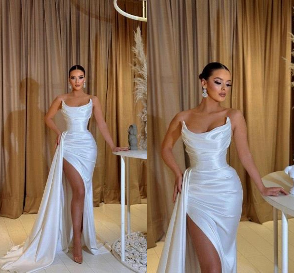 Stylish High Thigh Split Mermaid Prom Dresses New Sexy Sweetheart Backless Pleats Long Satin Evening Gowns Women Formal Occasion Vestidos BC16882