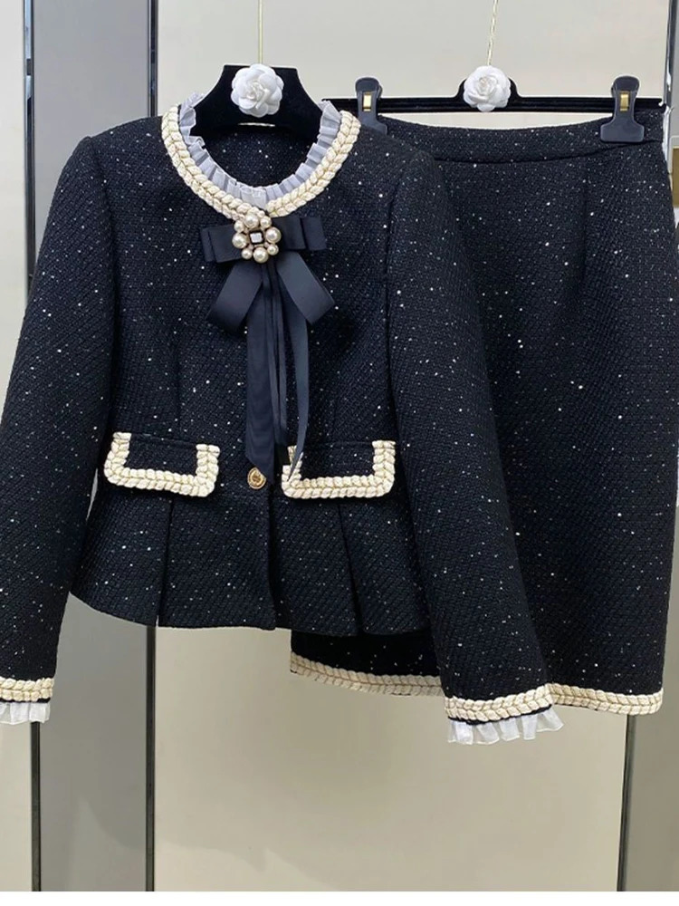 Two Piece Dress 2024 Vintage Small Fragrance Tweed Two Piece Set Women Crop Top Woolen Short Jacket Coat Mini Skirts Sets Sweet 2 Piece Suit 231218