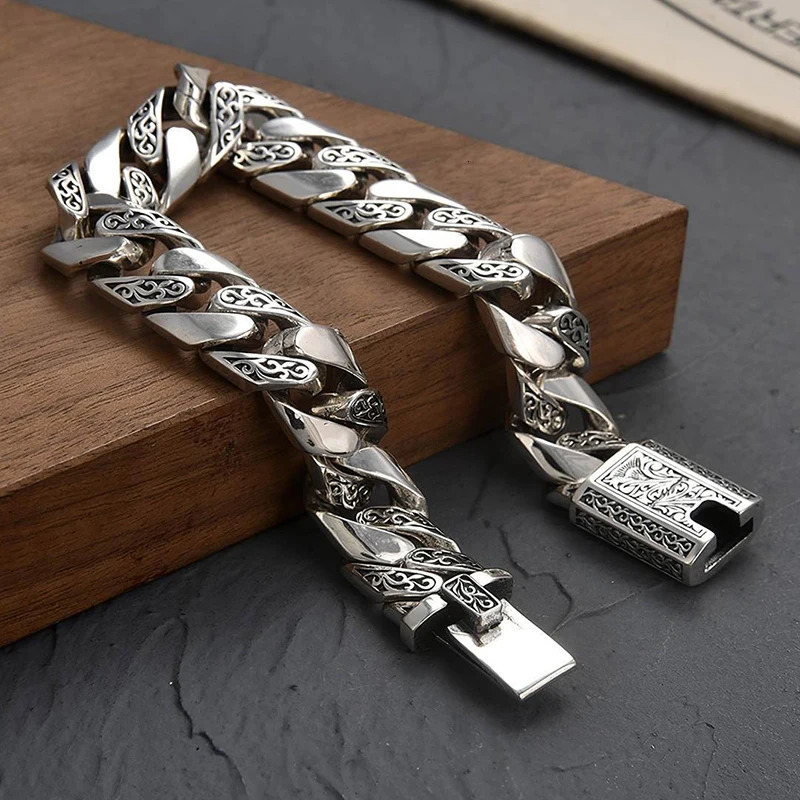 Retro Domineering S925 Silver Bracelet Men Tang Grass Pattern Exquisite Chain Male Party Birthday Hegemony Fashion Jewelry Gift 231221