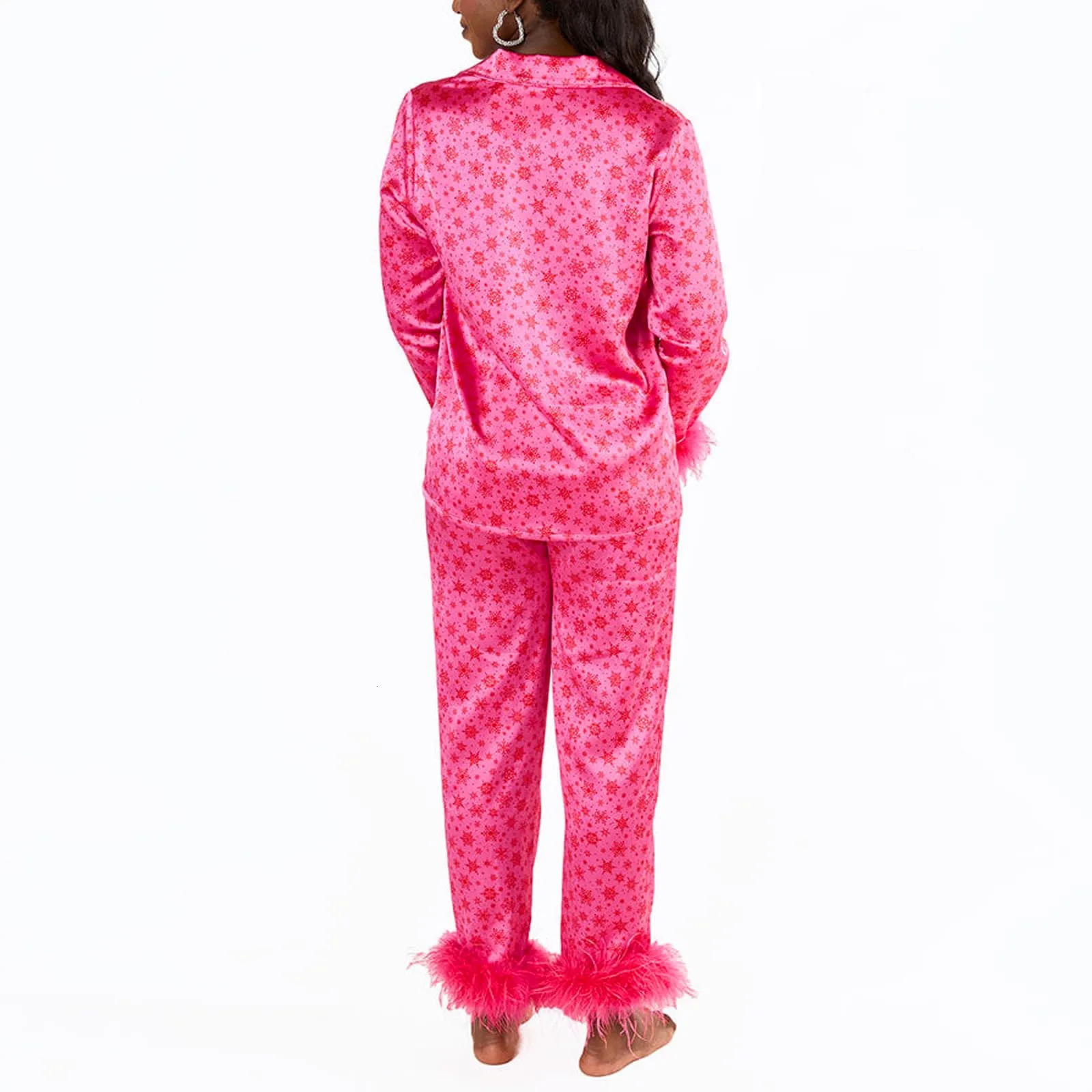 Womens Christmas Pajama Sets Fashion Classic Button Down Long Satin Silk Shirts Pants Two Piece Sleepwear Nightwear Suits 231220