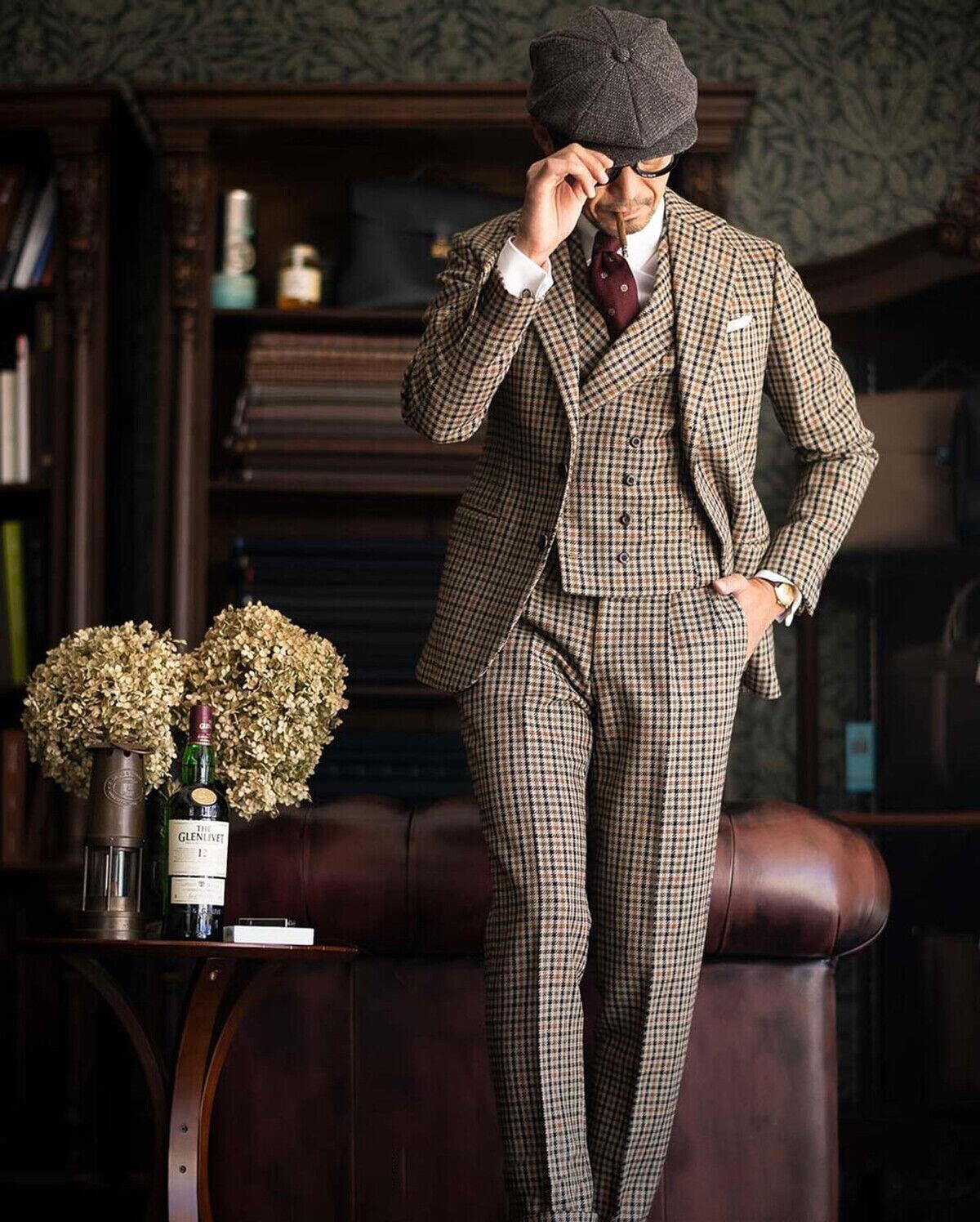 Woolen Tweed Wedding Suits For Men Slim Fit Plaid Check Peaked Lapel Groom Tuxedos 3 Pieces Jacket Vest Pants