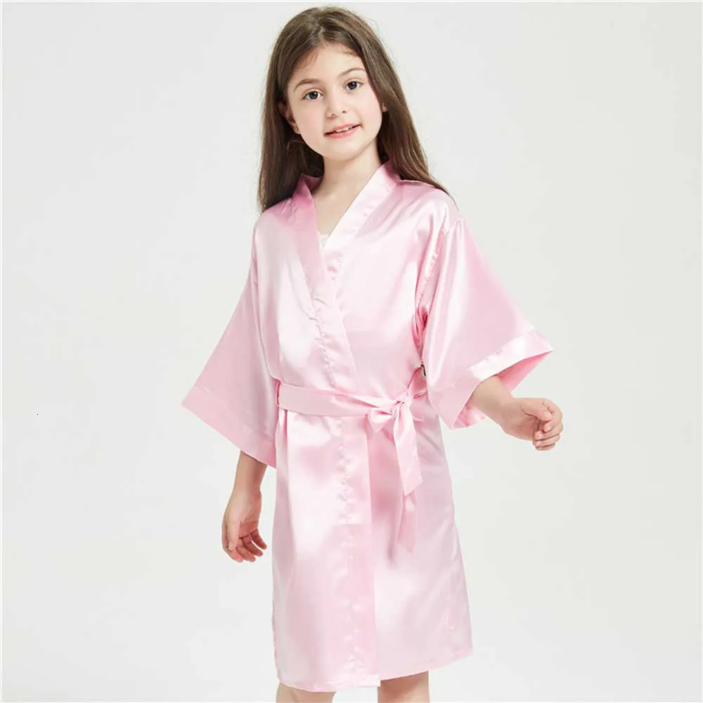 3-13Y Boy Girl Bathrobe Pink Satin Silk Kids Robes Summer Sleepwear Children's Kimono Bath Towel Robe Wedding Spa Party Birthday 231221
