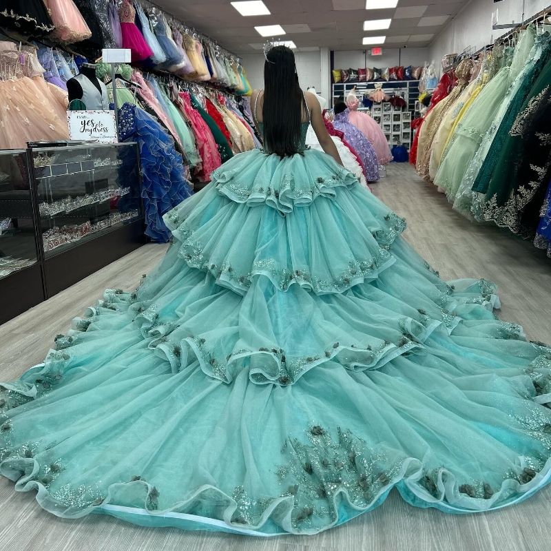 Mint Green Quinceanera Dresses Off The Shoulder Party Sequin Appliques Beads Crystal wer Lace Up Court Train Ball Gown Sweet 16 Dress Vestido De 15 An