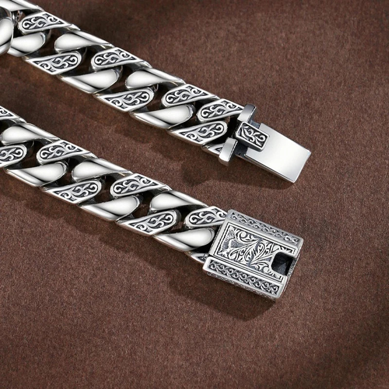 Retro Domineering S925 Silver Bracelet Men Tang Grass Pattern Exquisite Chain Male Party Birthday Hegemony Fashion Jewelry Gift 231221