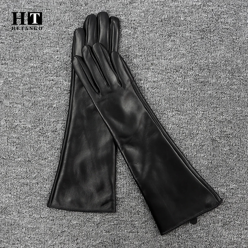 Winter Women Fashion Sheepskin Arm Sleeve Outdoor Warmth Fluff Lining Genuine Leather Mittens Female Long Style Elbow Gloves 231220