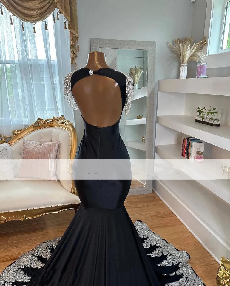Backless Mermaid Black Satin Prom Party Dresses Sheer Neck Plus Size Beaded Cap Formal Birthday Evening Occasion Gowns Vestidos