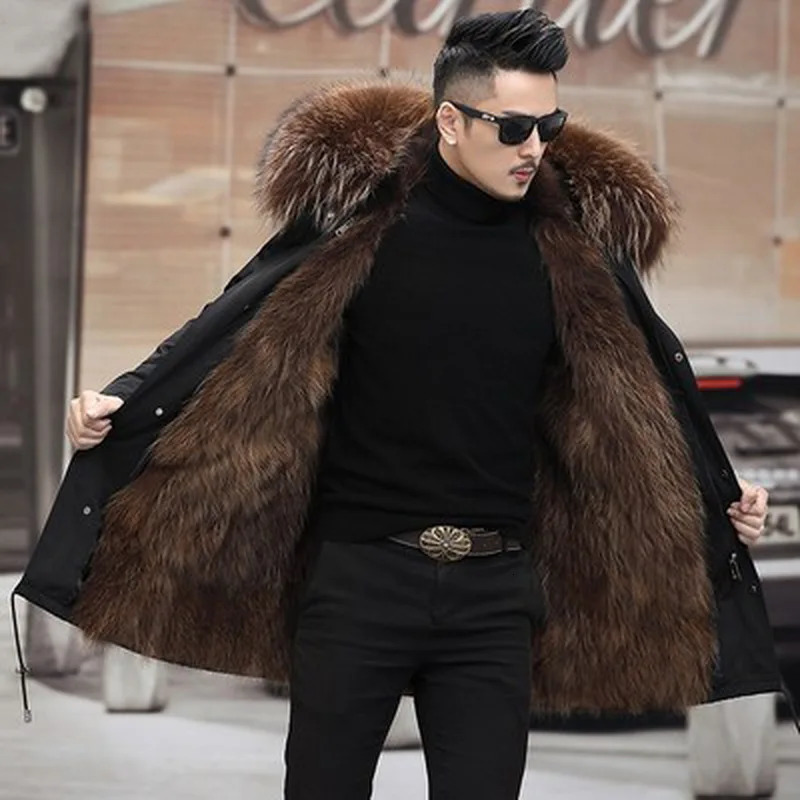 Men's Parka winter fashion jacket long street clothing Russian real fur coat natural raccoon collar thick warm 231220