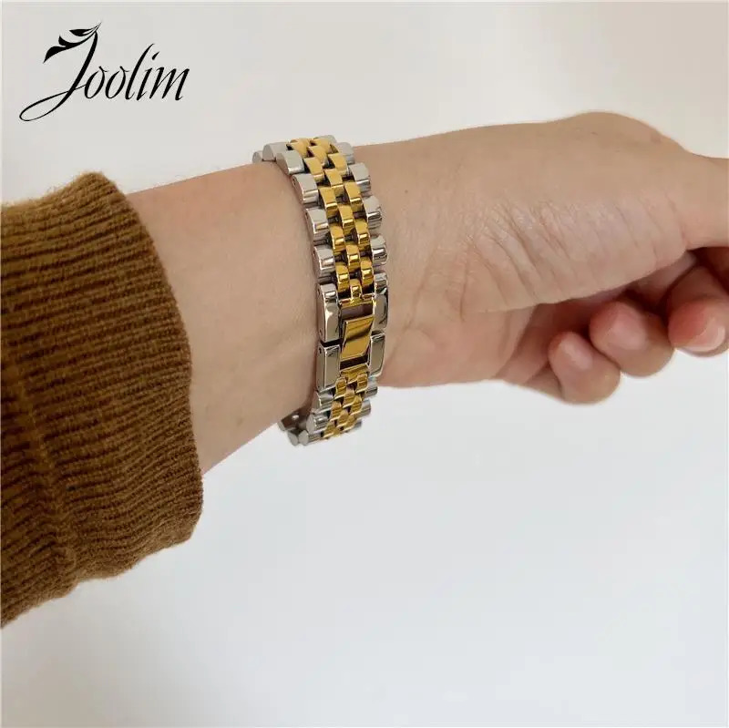 Joolim Jewelry Wholesale Waterproof Width13MM Fashion Permanent Chunky Watchband Mixed Chain Stainless Steel Bracelet For Women 231221