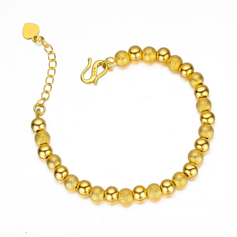 Real 18K Gold 6mm Round Bead Chain Bracelet Pure Adjustable Classic Wedding for Women Fine Jewelry Gift 231221