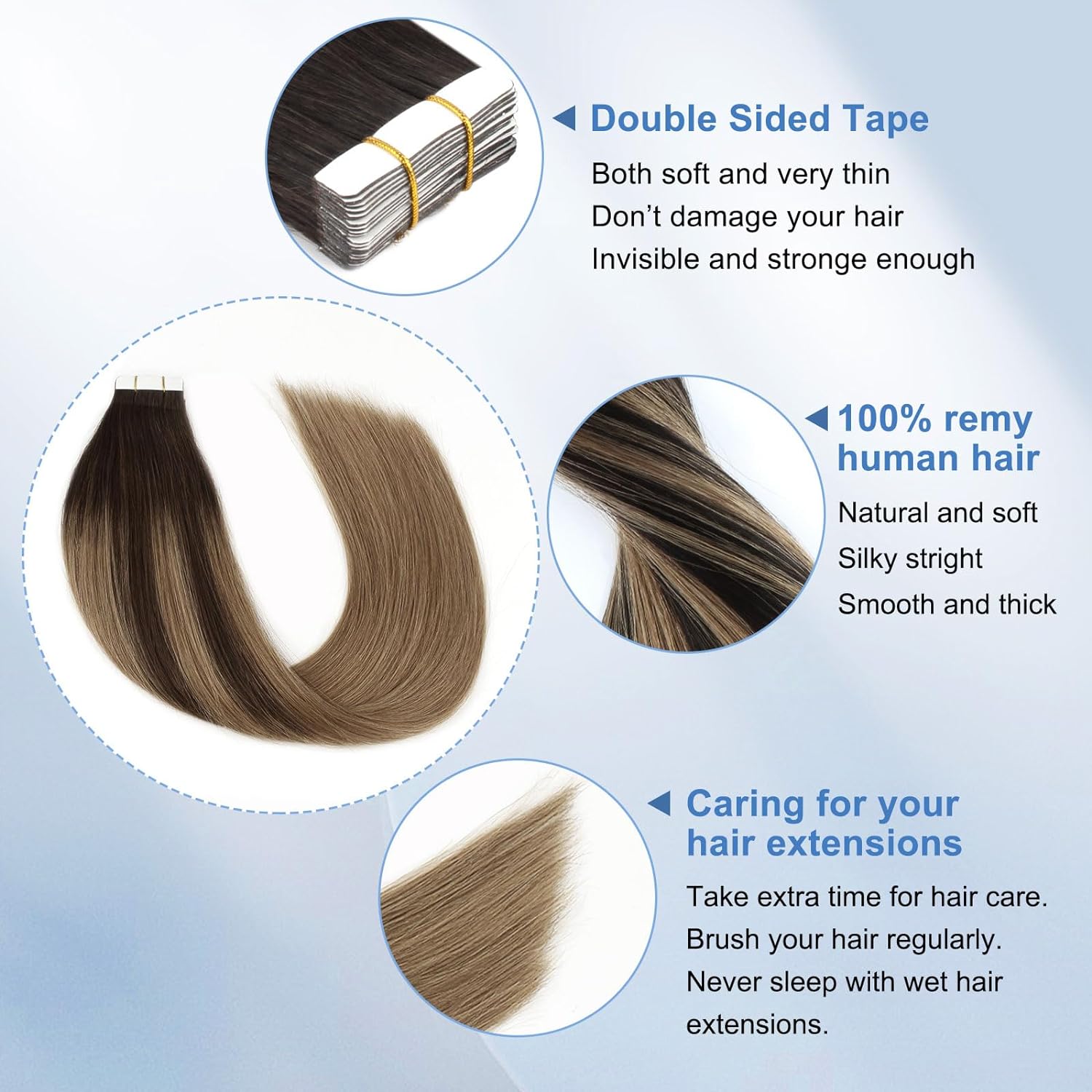 Balayage In Brown Fading To Ash Blonde 22 Inch Double Sided Tape Skin Weft Remy Human Hair Extensions 100G/40Pcs