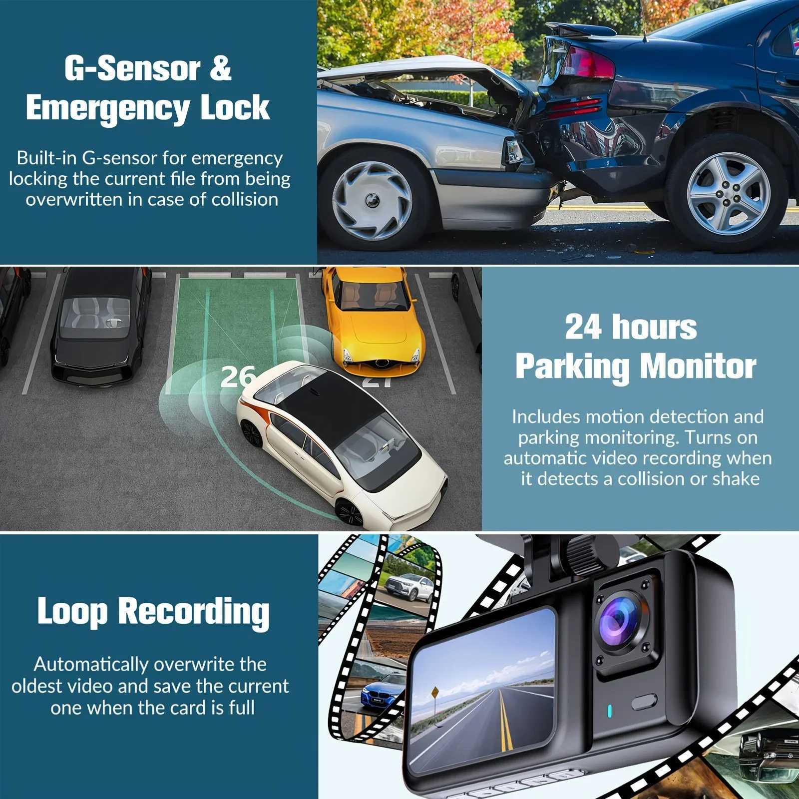 Car dvr Dash Cam Front And Rear and Inside 1080P HD 3 Way Dash Cam 3 Cameras Vidoe Recorder Black Box with 3 Cameras R250529