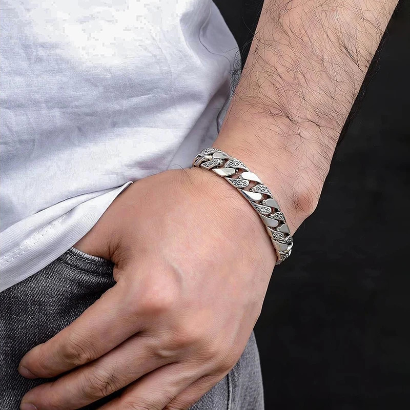 Retro Domineering S925 Silver Bracelet Men Tang Grass Pattern Exquisite Chain Male Party Birthday Hegemony Fashion Jewelry Gift 231221