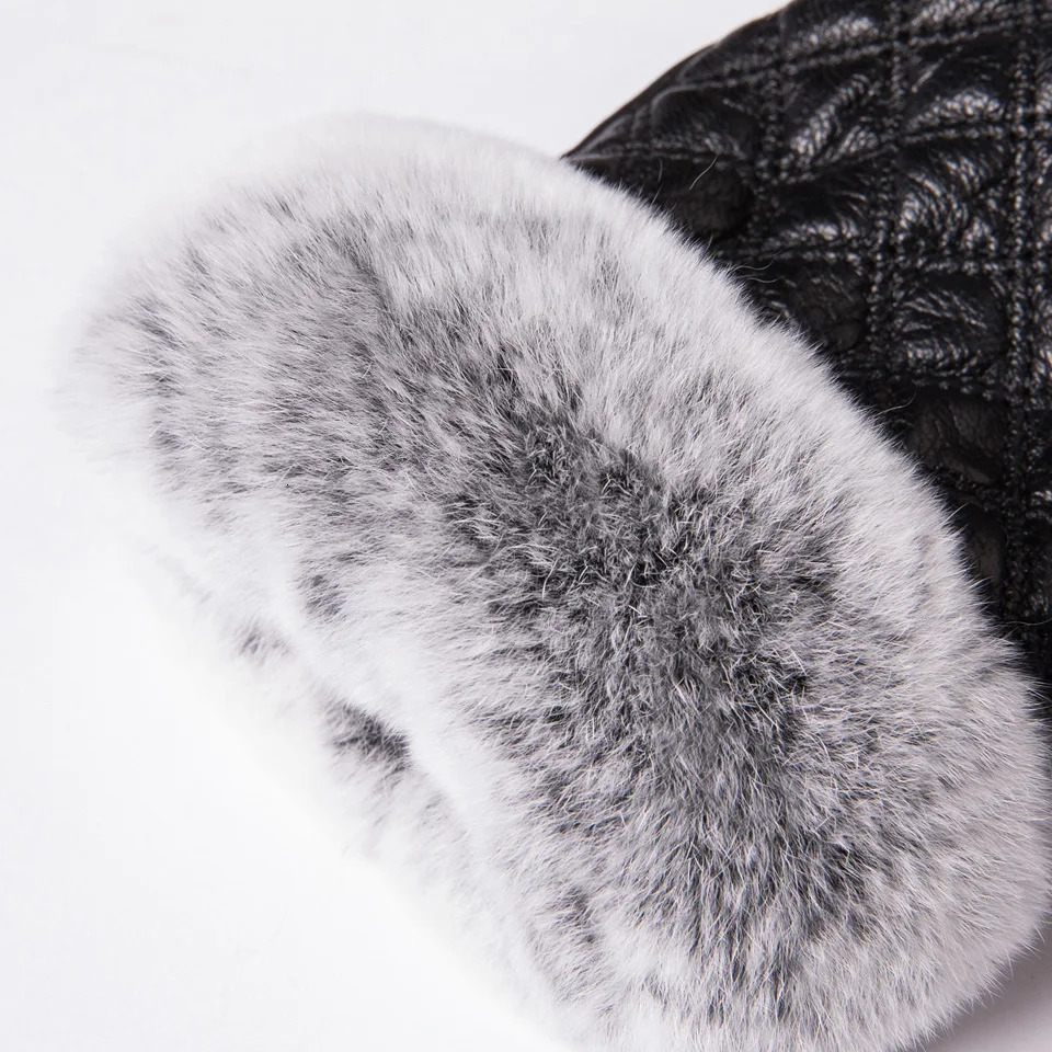 Women Winter Warmer Wrist Gloves Genuine Leather Rex Rabbit Fur Fingerless Driving Plaid Sheepskin Mittens gloves 231220