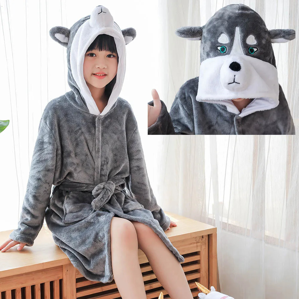 Kigurumi Husky Children Bathrobe Bath Robe Autumn Winter Animal Unicorn Hooded Pajamas For Boys Girls Towel Robes Kids Nightgown 231221